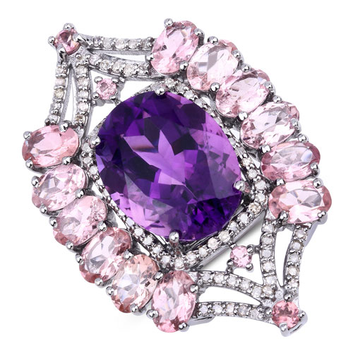 Rings-15.68 Carat Genuine Pink Tourmaline, Amethyst and White Diamond .925 Sterling Silver Ring