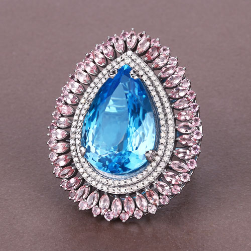 27.69 Carat Genuine Pink Tourmaline, Blue Topaz and White Diamond .925 Sterling Silver Ring