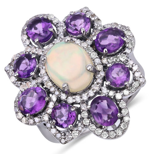 Amethyst-4.53 Carat Genuine Amethyst, Opal and White Diamond .925 Sterling Silver Ring