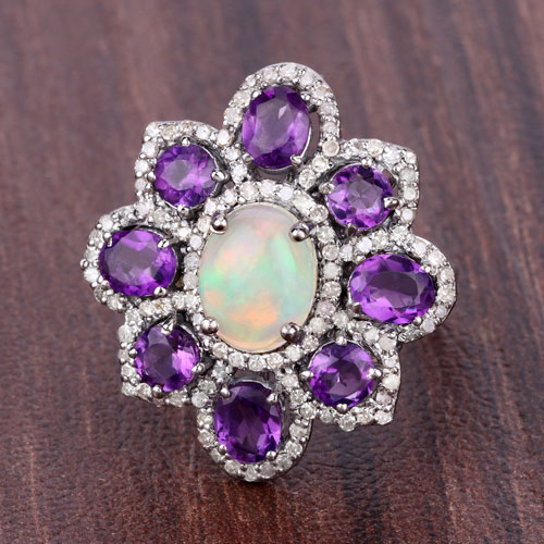 4.53 Carat Genuine Amethyst, Opal and White Diamond .925 Sterling Silver Ring
