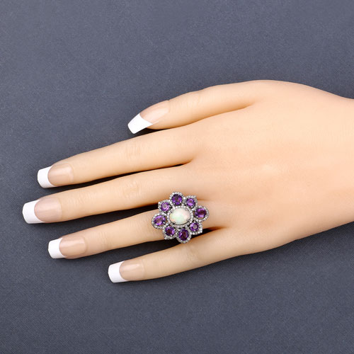 4.53 Carat Genuine Amethyst, Opal and White Diamond .925 Sterling Silver Ring