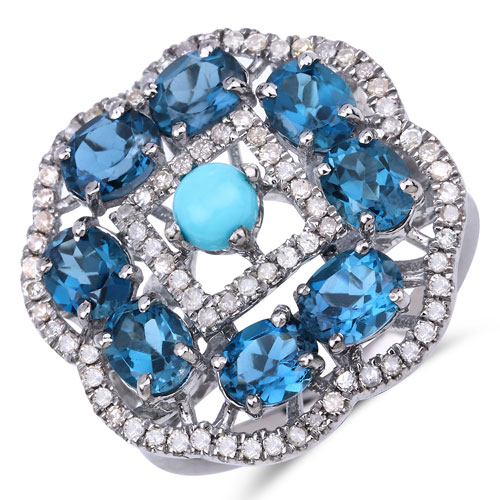 Rings-3.95 Carat Genuine London Blue Topaz, Turquoise and White Diamond .925 Sterling Silver Ring