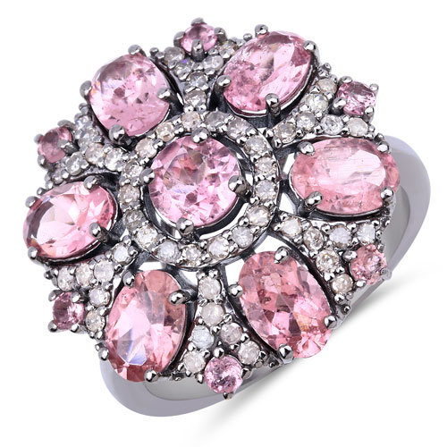 Rings-4.04 Carat Genuine Pink Tourmaline and White Diamond .925 Sterling Silver Ring