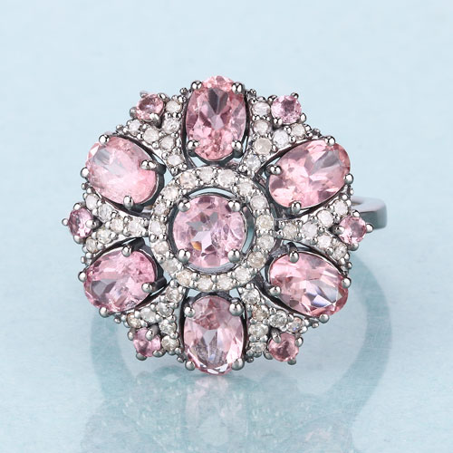4.04 Carat Genuine Pink Tourmaline and White Diamond .925 Sterling Silver Ring
