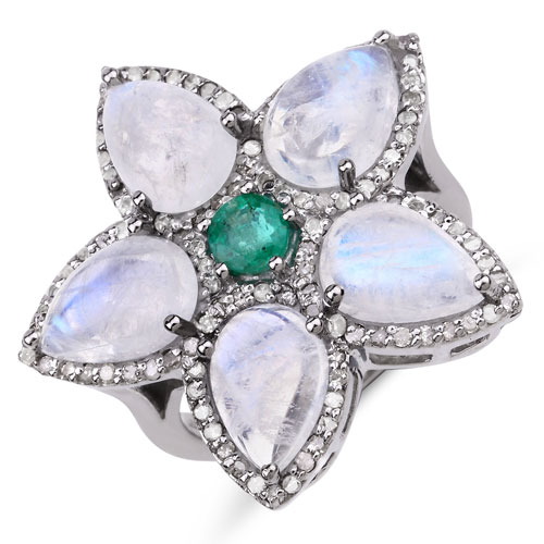 Emerald-8.69 Carat Genuine Emerald, Rainbow and White Diamond .925 Sterling Silver Ring