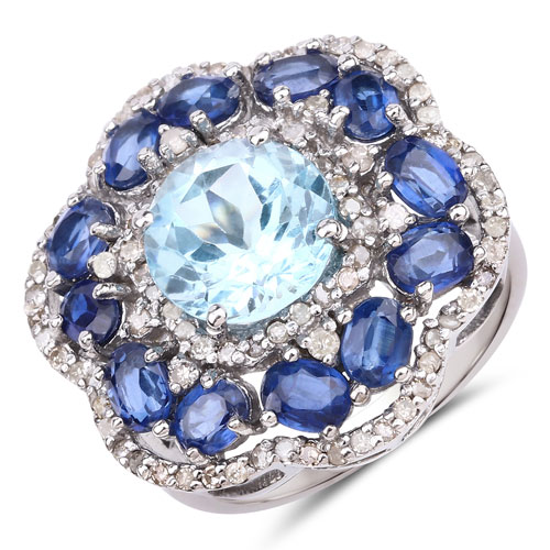 Rings-6.70 Carat Genuine Kyanite, Blue Topaz and White Diamond .925 Sterling Silver Ring