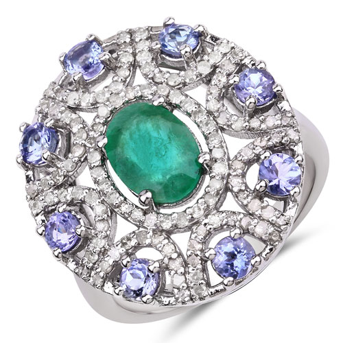 Tanzanite-2.75 Carat Genuine Tanzanite, Emerald and White Diamond .925 Sterling Silver Ring