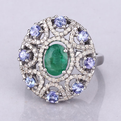 2.75 Carat Genuine Tanzanite, Emerald and White Diamond .925 Sterling Silver Ring