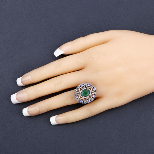 2.75 Carat Genuine Tanzanite, Emerald and White Diamond .925 Sterling Silver Ring
