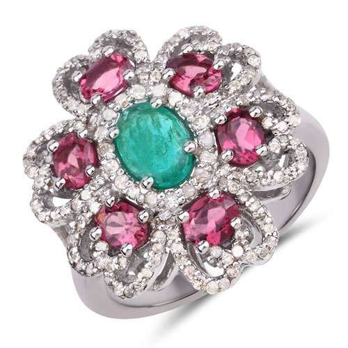 Rings-2.53 Carat Genuine Pink Tourmaline, Emerald and White Diamond .925 Sterling Silver Ring