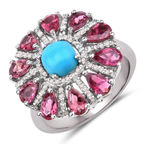 Rings-2.95 Carat Genuine Pink Tourmaline, Turquoise and White Diamond .925 Sterling Silver Ring