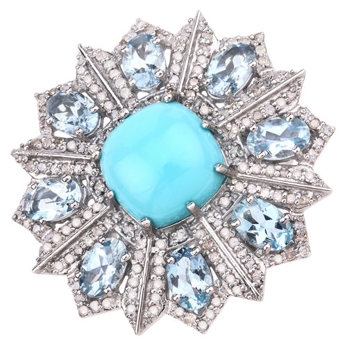 Rings-8.97 Carat Genuine Aquamarine, Turquoise and White Diamond .925 Sterling Silver Ring