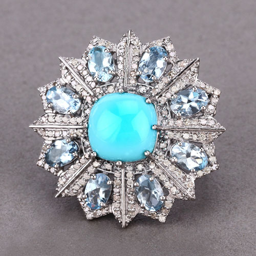 8.97 Carat Genuine Aquamarine, Turquoise and White Diamond .925 Sterling Silver Ring