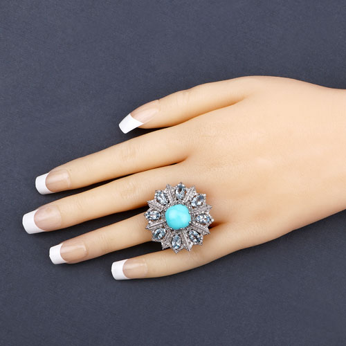 8.97 Carat Genuine Aquamarine, Turquoise and White Diamond .925 Sterling Silver Ring