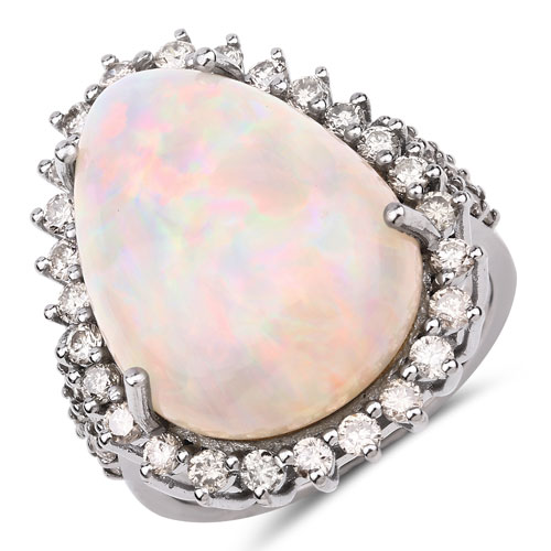 Opal-12.60 Carat Genuine Opal and White Diamond .925 Sterling Silver Ring