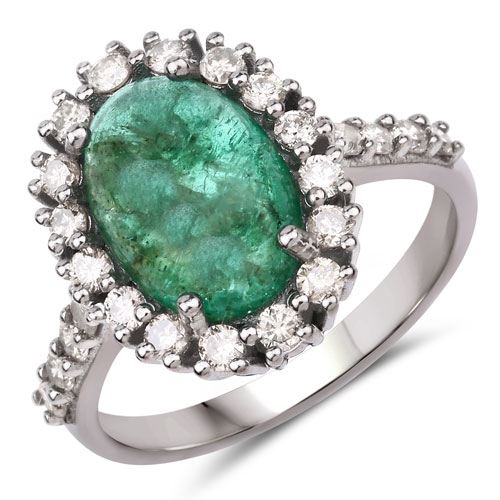 Emerald-5.55 Carat Genuine Emerald and White Diamond .925 Sterling Silver Ring