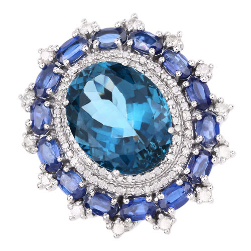 Rings-21.00 Carat Genuine Kyanite, London Blue Topaz and White Diamond .925 Sterling Silver Ring