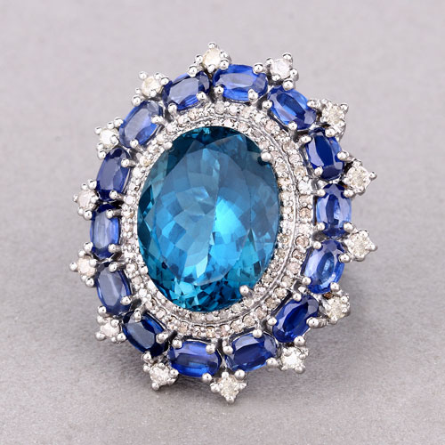 21.00 Carat Genuine Kyanite, London Blue Topaz and White Diamond .925 Sterling Silver Ring