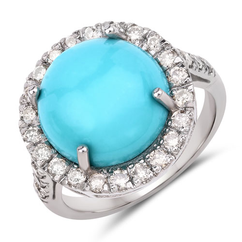Rings-8.34 Carat Genuine Turquoise and White Diamond .925 Sterling Silver Ring