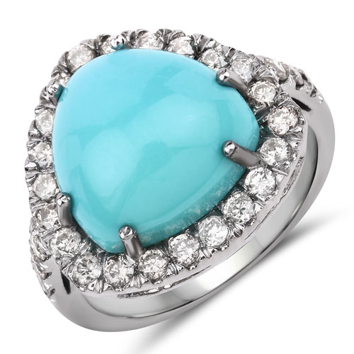Rings-7.99 Carat Genuine Turquoise and White Diamond .925 Sterling Silver Ring