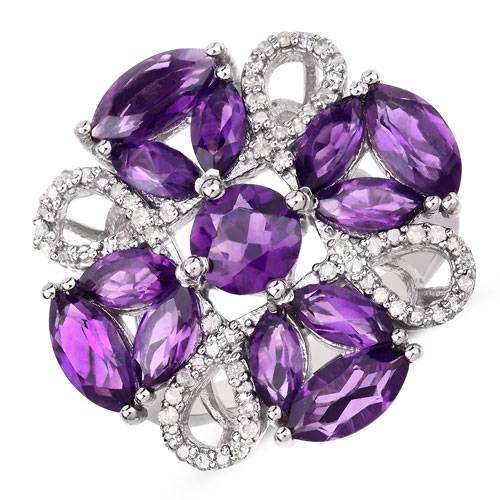 Amethyst-4.88 Carat Genuine Amethyst and White Diamond .925 Sterling Silver Ring