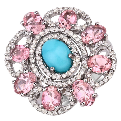 Rings-5.00 Carat Genuine Pink Tourmaline, Turquoise and White Diamond .925 Sterling Silver Ring