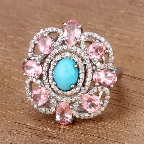 5.00 Carat Genuine Pink Tourmaline, Turquoise and White Diamond .925 Sterling Silver Ring