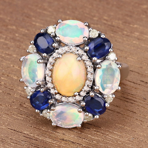 5.53 Carat Genuine Kyanite, Opal and White Diamond .925 Sterling Silver Ring