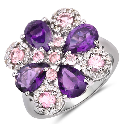Rings-3.26 Carat Genuine Pink Tourmaline, Amethyst and White Diamond .925 Sterling Silver Ring