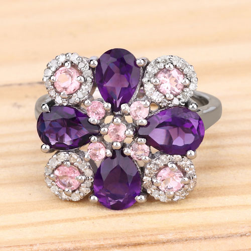 3.26 Carat Genuine Pink Tourmaline, Amethyst and White Diamond .925 Sterling Silver Ring