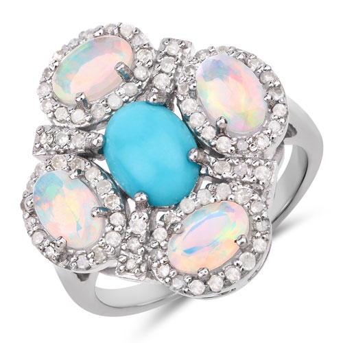 Opal-2.90 Carat Genuine Opal, Turquoise and White Diamond .925 Sterling Silver Ring
