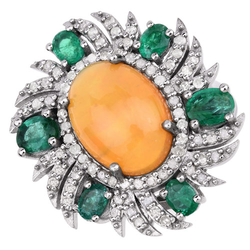 Emerald-5.70 Carat Genuine Emerald, Opal and White Diamond .925 Sterling Silver Ring