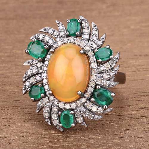 5.70 Carat Genuine Emerald, Opal and White Diamond .925 Sterling Silver Ring