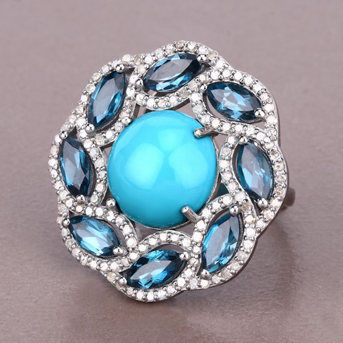 13.40 Carat Genuine London Blue Topaz, Turquoise and White Diamond .925 Sterling Silver Ring