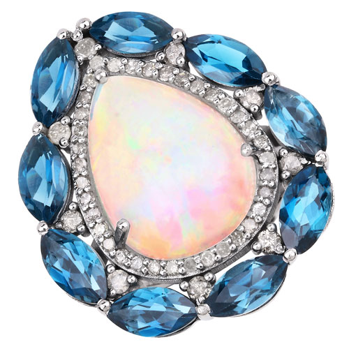 Rings-12.15 Carat Genuine London Blue Topaz, Opal and White Diamond .925 Sterling Silver Ring