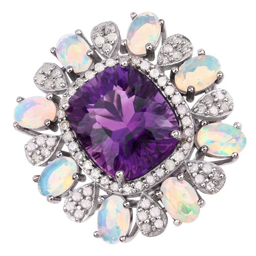 Opal-12.00 Carat Genuine Opal, Amethyst and White Diamond .925 Sterling Silver Ring