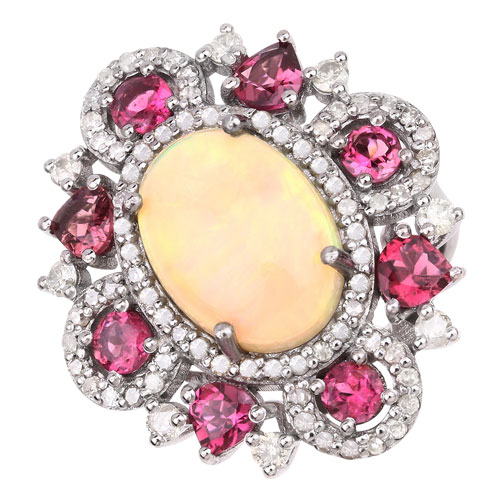 Rings-5.68 Carat Genuine Pink Tourmaline, Opal and White Diamond .925 Sterling Silver Ring