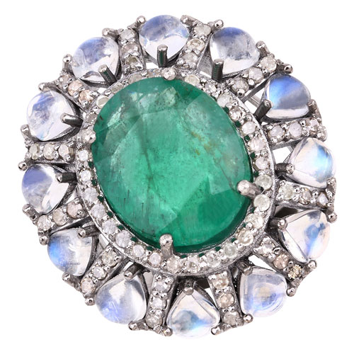 Emerald-9.85 Carat Genuine Emerald, Rainbow and White Diamond .925 Sterling Silver Ring
