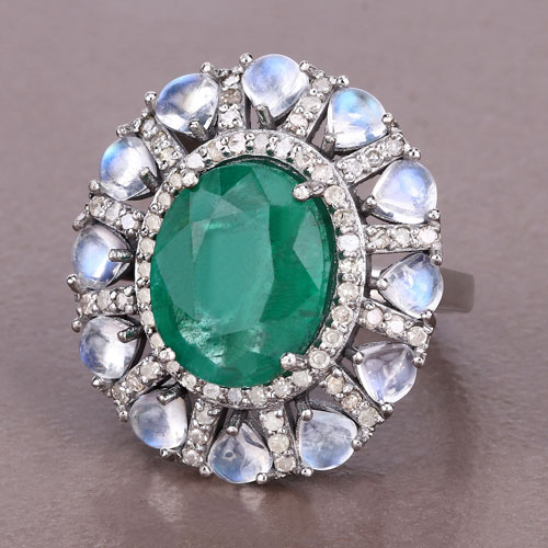 9.85 Carat Genuine Emerald, Rainbow and White Diamond .925 Sterling Silver Ring