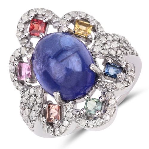 Sapphire-7.95 Carat Genuine Multi Sapphire, Tanzanite and White Diamond .925 Sterling Silver Ring