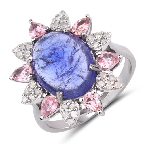 Rings-5.18 Carat Genuine Pink Tourmaline, Tanzanite and White Diamond .925 Sterling Silver Ring