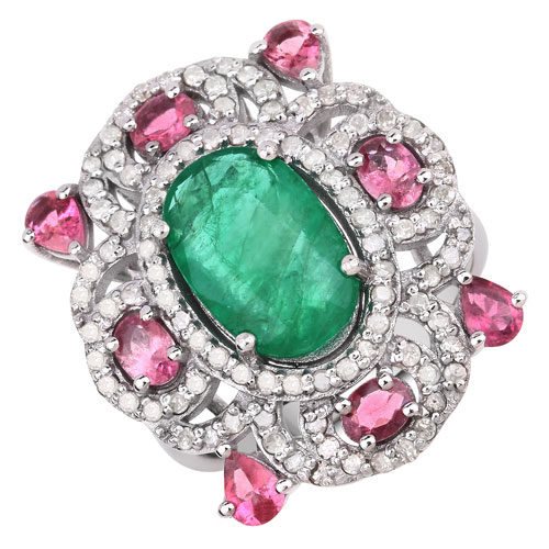 Rings-5.60 Carat Genuine Pink Tourmaline, Emerald and White Diamond .925 Sterling Silver Ring