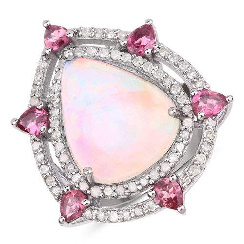 Rings-7.20 Carat Genuine Pink Tourmaline, Opal and White Diamond .925 Sterling Silver Ring
