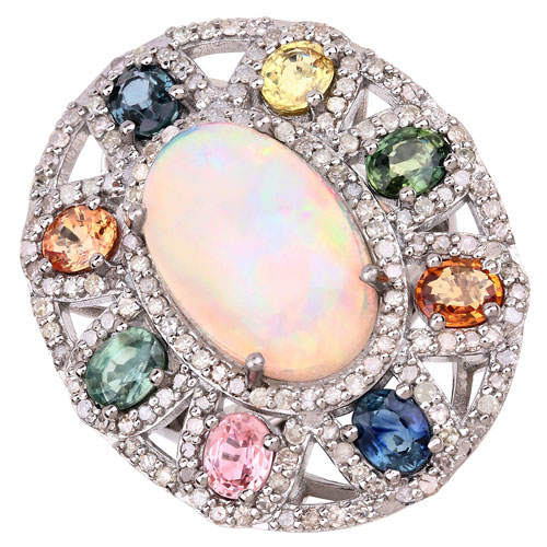 Sapphire-11.50 Carat Genuine Multi Sapphire, Opal and White Diamond .925 Sterling Silver Ring