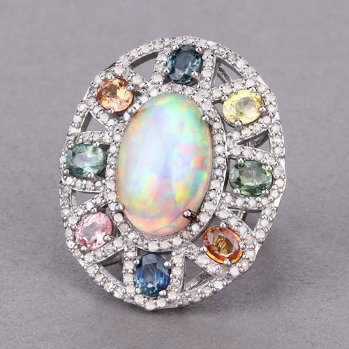 11.50 Carat Genuine Multi Sapphire, Opal and White Diamond .925 Sterling Silver Ring