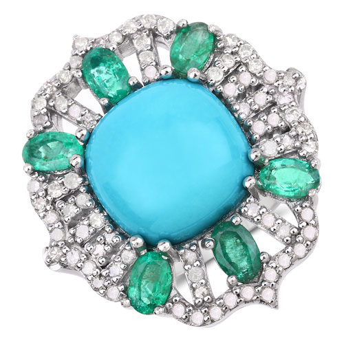 Emerald-7.70 Carat Genuine Emerald, Turquoise and White Diamond .925 Sterling Silver Ring