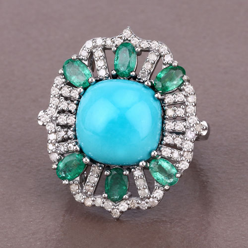 7.70 Carat Genuine Emerald, Turquoise and White Diamond .925 Sterling Silver Ring