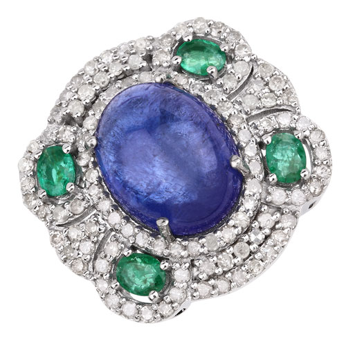 Emerald-9.44 Carat Genuine Emerald, Tanzanite and White Diamond .925 Sterling Silver Ring