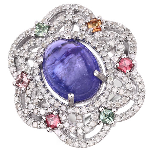 Sapphire-10.95 Carat Genuine Multi Sapphire, Tanzanite and White Diamond .925 Sterling Silver Ring