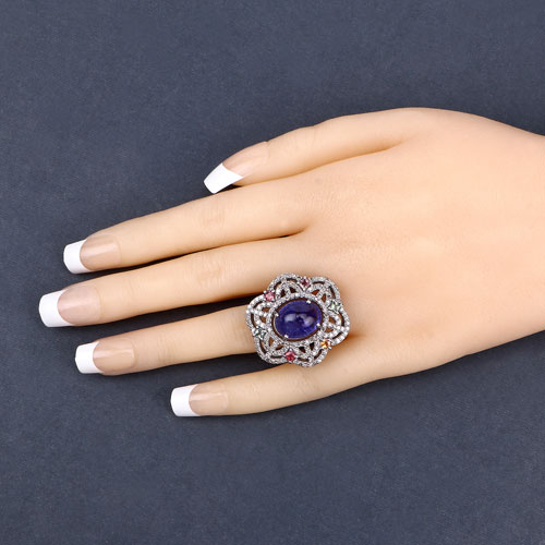 10.95 Carat Genuine Multi Sapphire, Tanzanite and White Diamond .925 Sterling Silver Ring